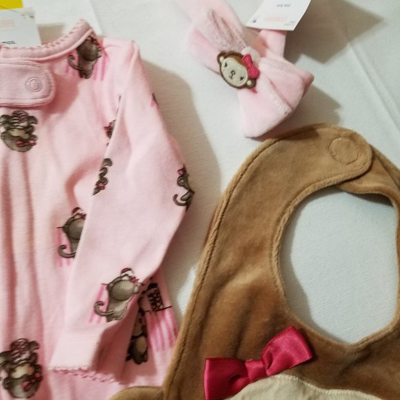 Gymboree Mischievous Monkey 0-3 Month Sleeper, Bib & Headband NWT set. - Picture 3 of 3